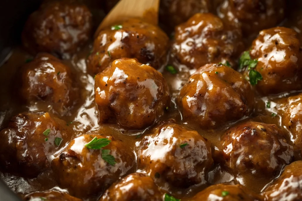 Macro close-up of Slow Cooker Salisbury Steak Meatballs covered in thick gravy