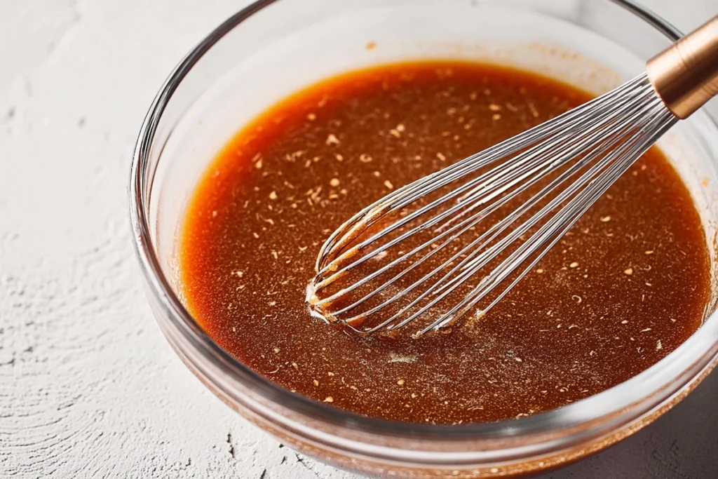 Brown gravy sauce being whisked for Slow Cooker Salisbury Steak Meatballs