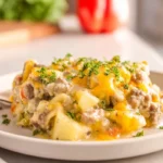 Finished Slow Cooker Steak and Cheddar Potato Casserole plated with melted cheddar and tender steak