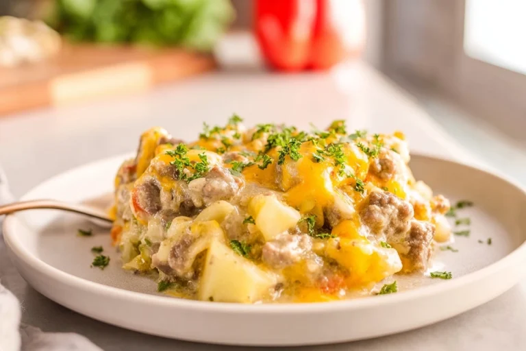 Finished Slow Cooker Steak and Cheddar Potato Casserole plated with melted cheddar and tender steak