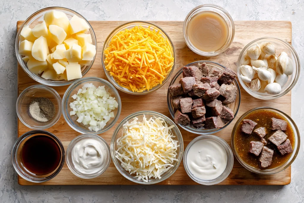 Overhead view of Slow Cooker Steak and Cheddar Potato Casserole ingredients arranged neatly