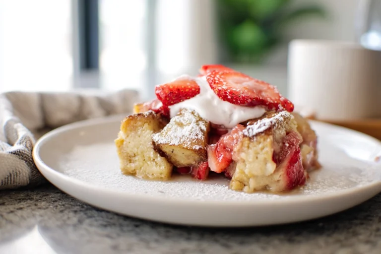 Finished Slow Cooker Strawberry French Toast Casserole served on a plate