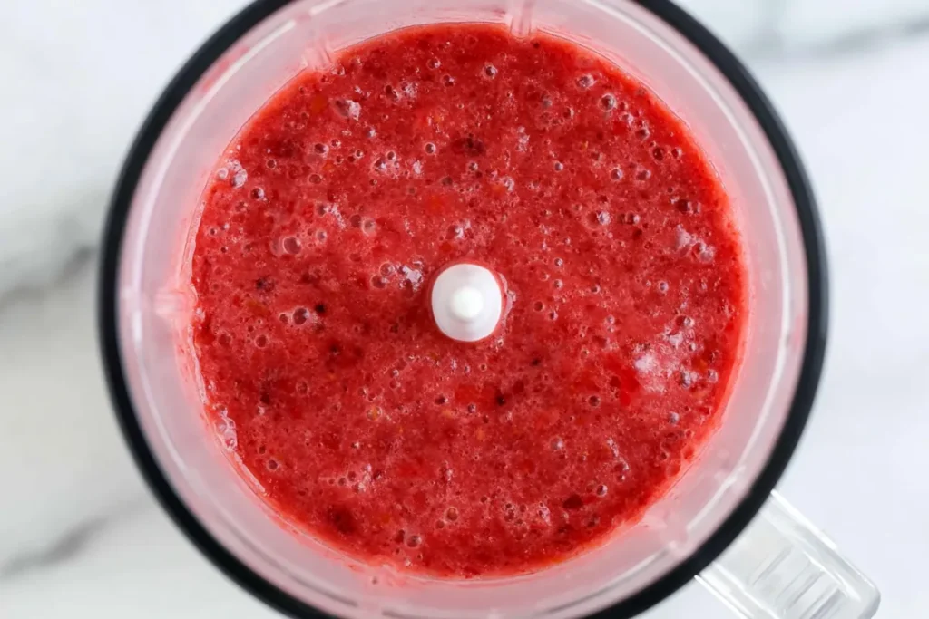 Non-Alcoholic Strawberry Margaritas with Fresh Lime and Seltzer 5 Smooth strawberry puree for non-alcoholic strawberry margaritas in a food processor