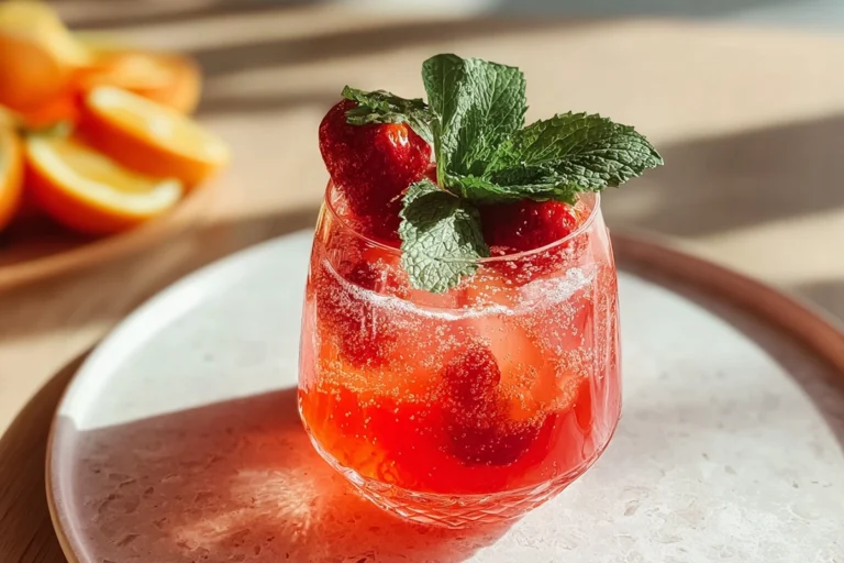 Springtime Strawberry Sipper Mocktail with fresh mint and strawberries, vibrant red color in a modern kitchen