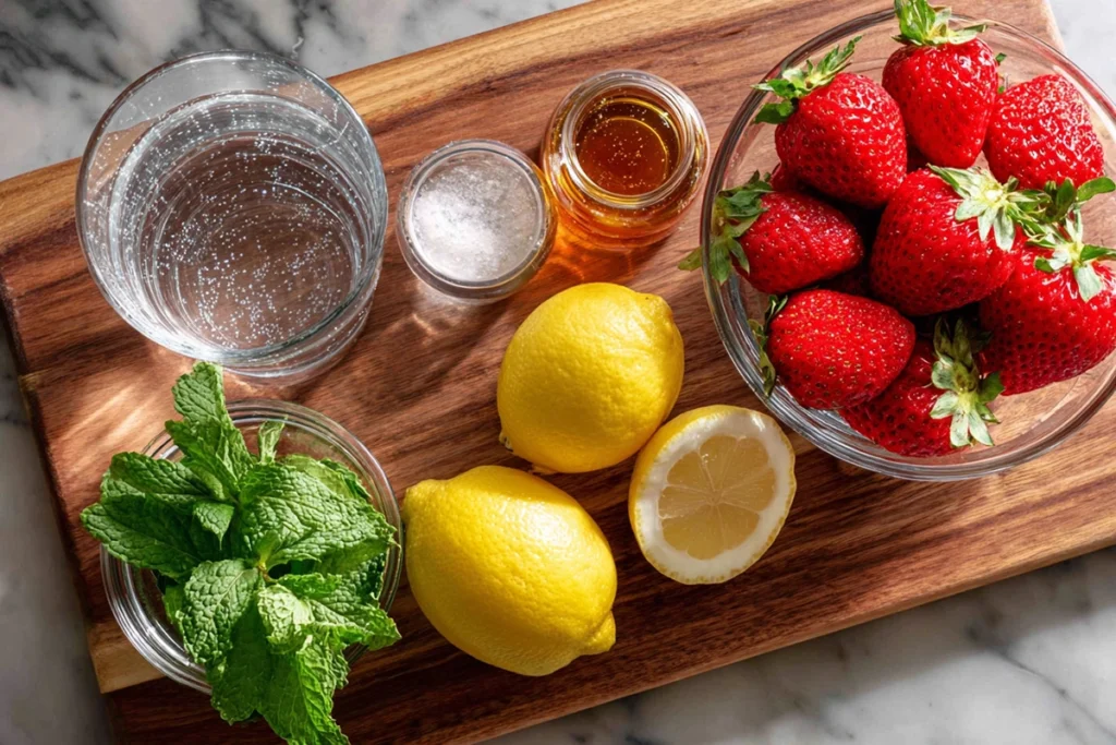 Fresh ingredients for Springtime Strawberry Sipper Mocktail, including strawberries, lemon, honey, mint, and sparkling water