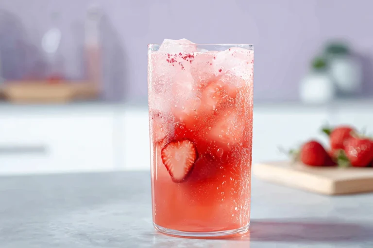 8K photorealistic Starbucks Strawberry Acai Refresher Copycat hero shot in modern kitchen