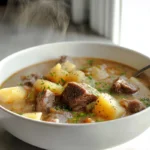 hearty steak and potato soup in a modern kitchen