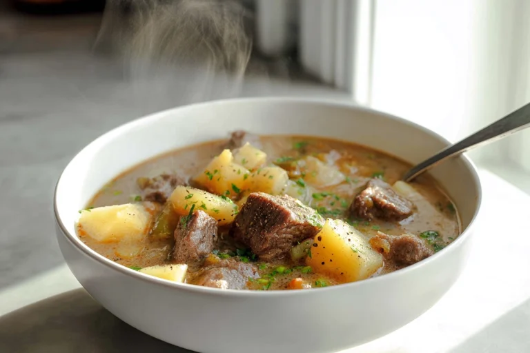 hearty steak and potato soup in a modern kitchen