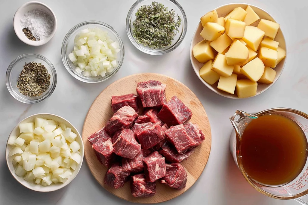 hearty steak and potato soup in a modern kitchen