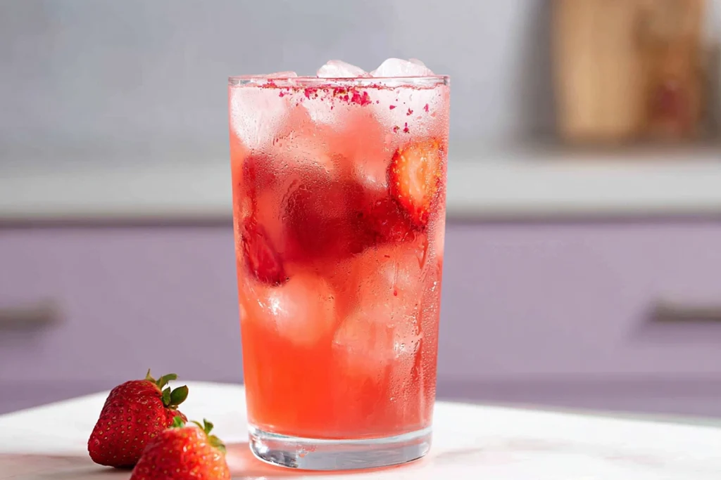 Finished Starbucks Strawberry Acai Refresher Copycat served cold in modern kitchen