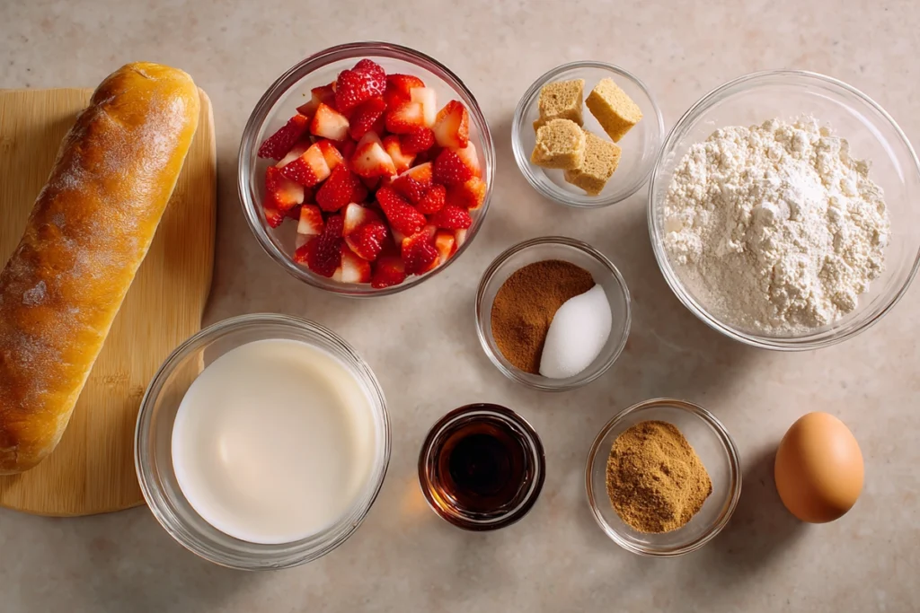 Ingredients for Slow Cooker Strawberry French Toast Casserole arranged overhead
