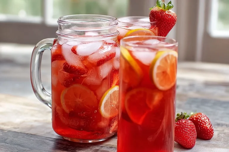 photorealistic strawberry iced tea hero image in modern kitchen