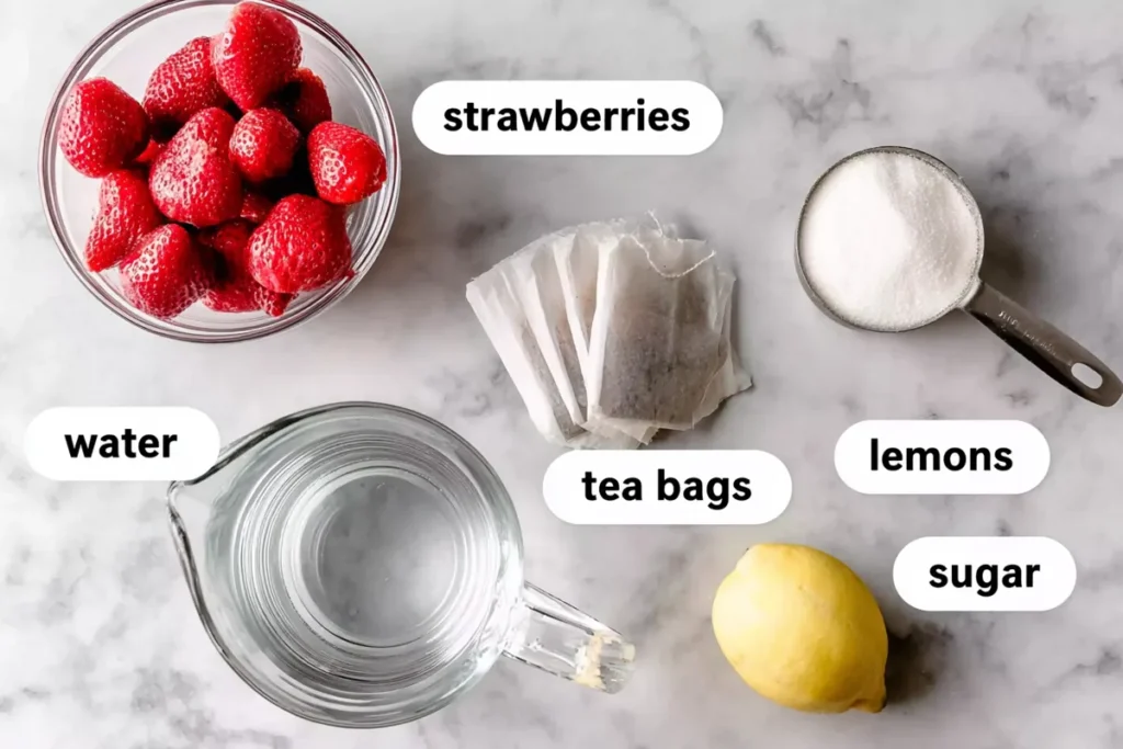 Strawberry Iced Tea with Fresh Berry Purée and Lemon 3 Fresh ingredients for Strawberry Iced Tea including strawberries, black tea, sugar, lemon, and water