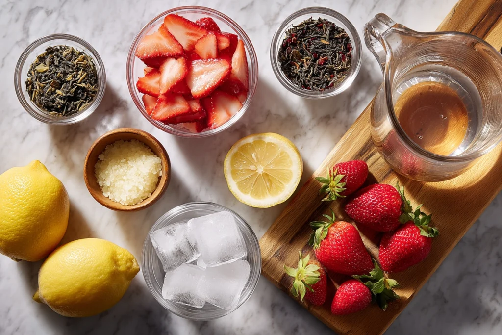 overhead view of strawberry iced tea ingredients on modern white counter