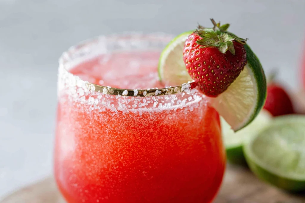 Close-up of a Strawberry Lime Mocktail Margarita with salt rim, lime wedge, and whole strawberries.