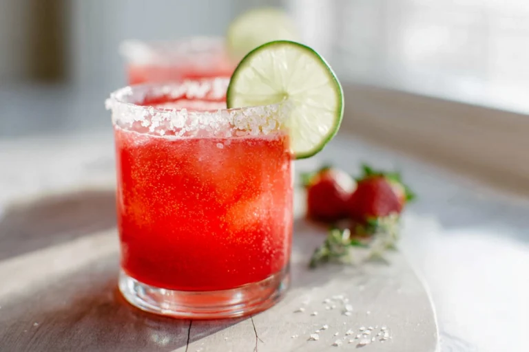 Strawberry Lime Mocktail Margarita in a modern glass with lime wedge and salted rim, vibrant red and green contrast.