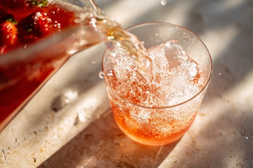 Pouring Strawberry Lime Mocktail Margarita into a glass from a pitcher with bubbles rising.
