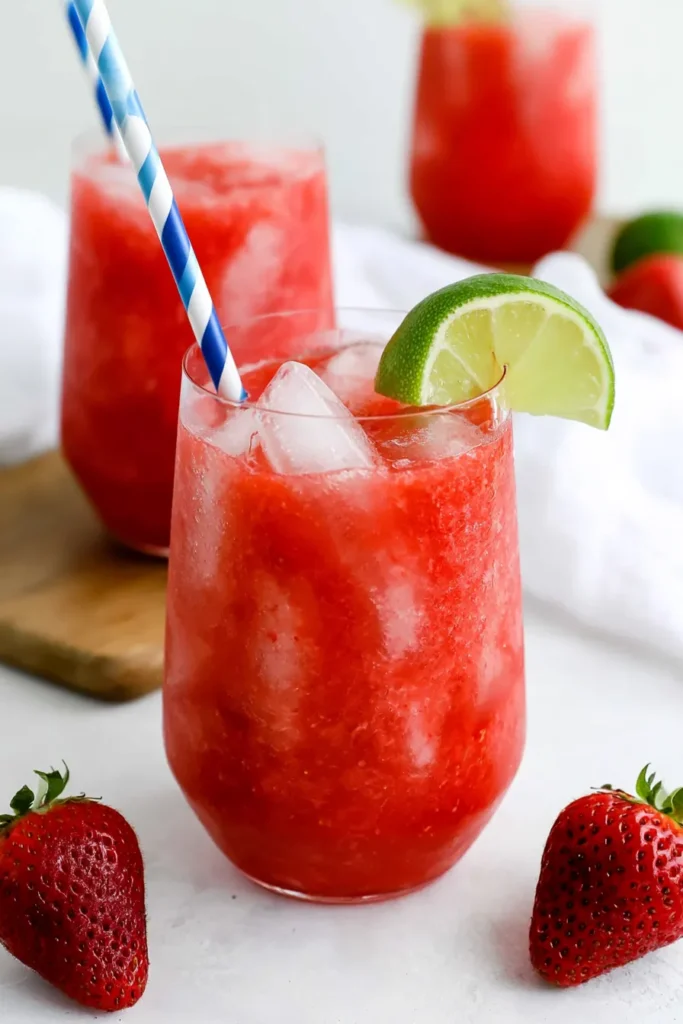 Non-Alcoholic Strawberry Margaritas with Fresh Lime and Seltzer 6 Strawberry puree layered over crushed ice for non-alcoholic strawberry margaritas
