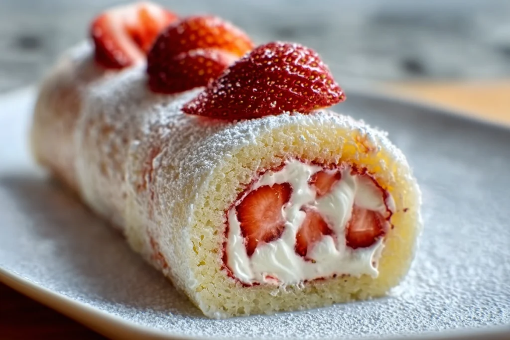 macro close-up of strawberry shortcake sushi roll slice with whipped cream and strawberries