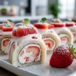photorealistic strawberry shortcake sushi roll on modern kitchen counter