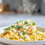 street corn chicken served with creamy charred corn and cotija cheese in a modern kitchen