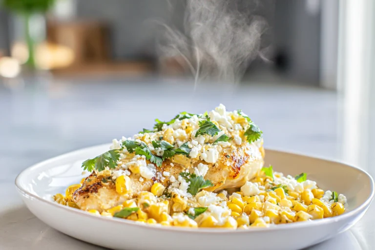 street corn chicken served with creamy charred corn and cotija cheese in a modern kitchen