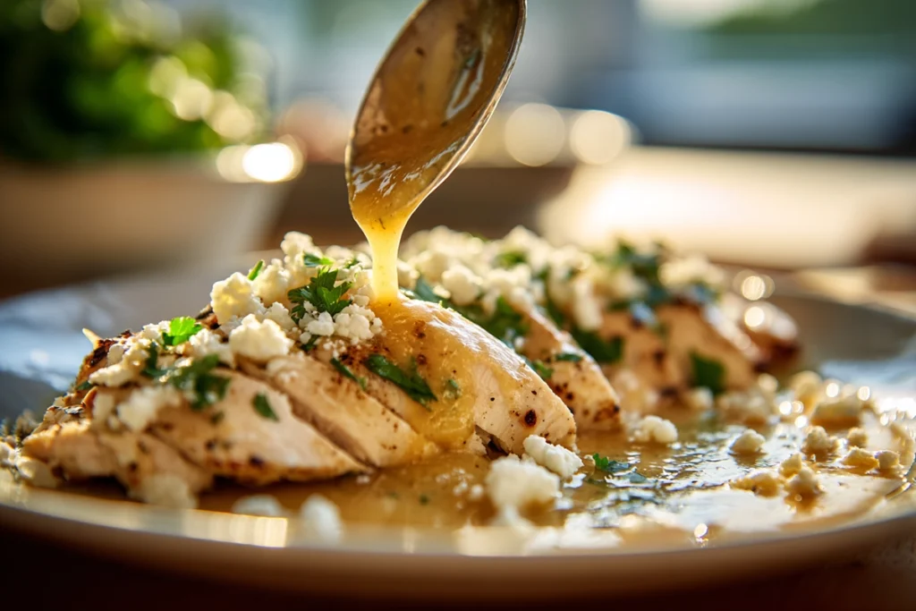 creamy corn sauce being spooned over sliced street corn chicken with cotija and cilantro garnish