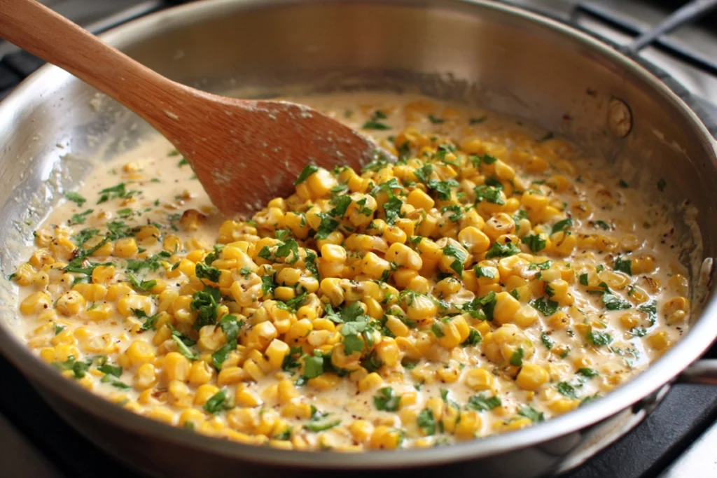 creamy charred corn mixture for street corn chicken being stirred in a skillet