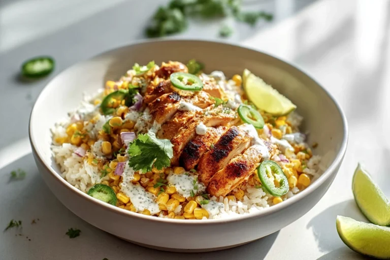 Street Corn Chicken Rice Bowl beautifully plated in a modern kitchen