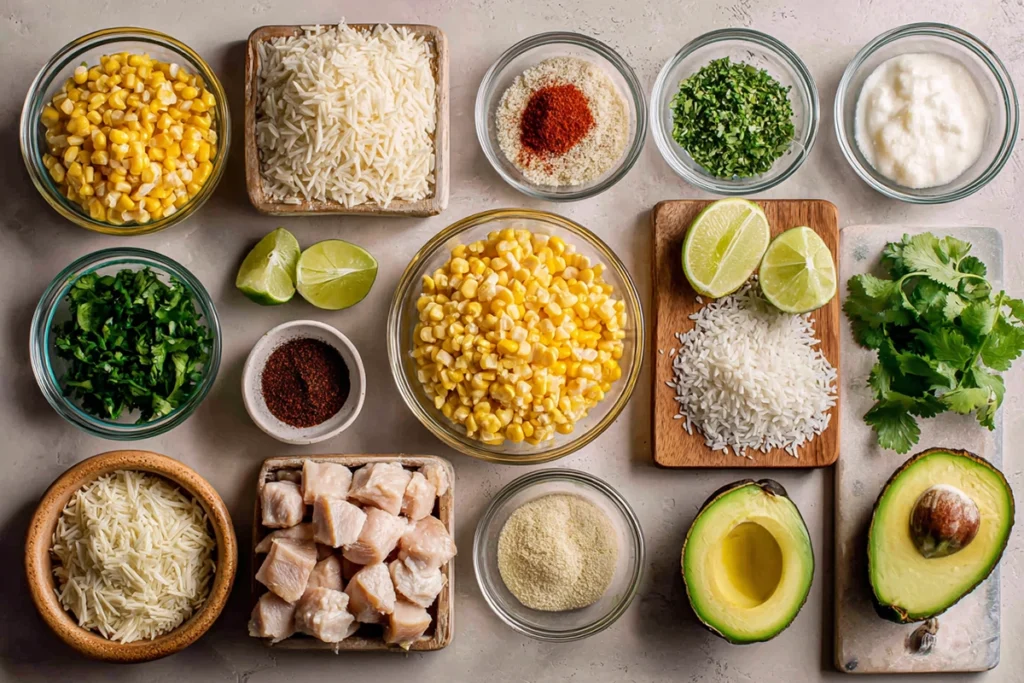 Overhead photo of ingredients for a Street Corn Chicken Rice Bowl