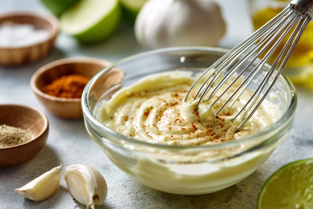 close-up of creamy lime chili dressing for street corn pasta salad being whisked