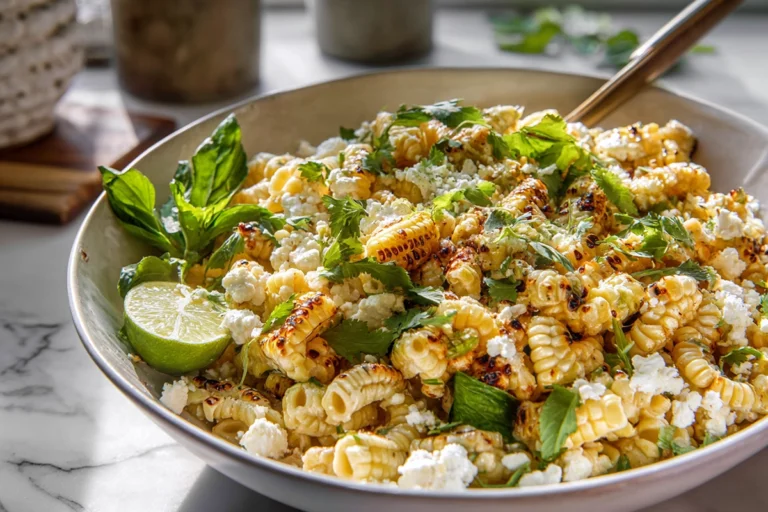 photorealistic bowl of street corn pasta salad with cotija cheese and lime garnish