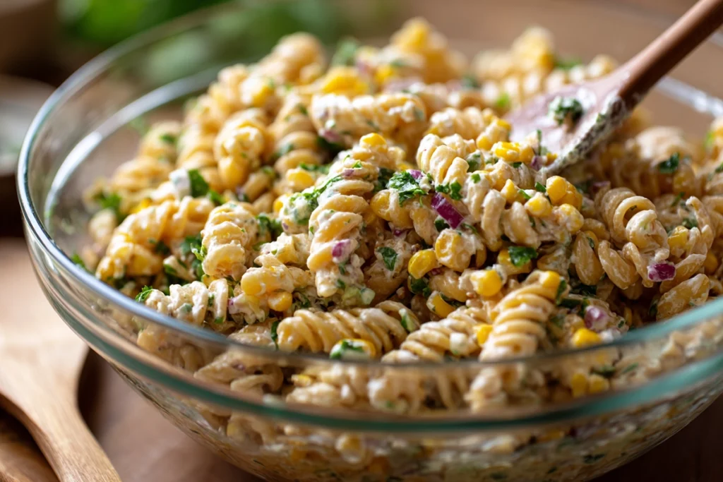 street corn pasta salad being tossed in glass bowl with creamy dressing