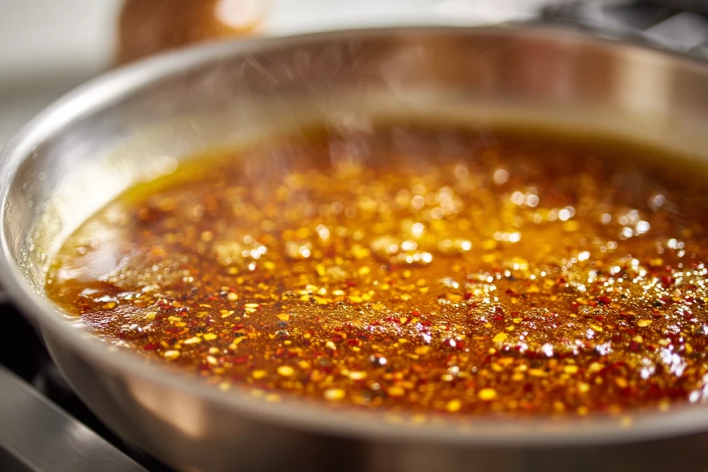 Simmering honey pepper glaze for Sweet and Spicy Honey Pepper Chicken