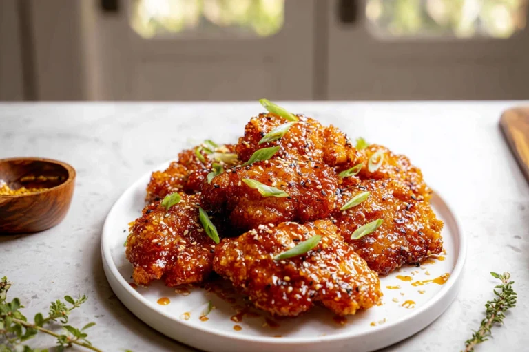Hero shot of Sweet and Spicy Honey Pepper Chicken plated in a modern kitchen