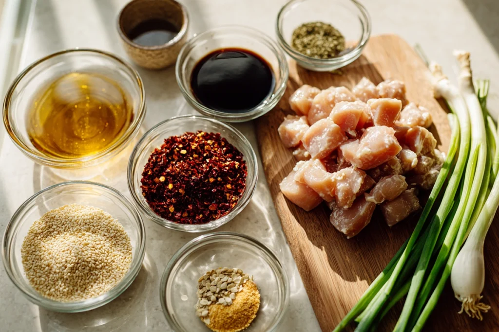 Overhead ingredients layout for Sweet and Spicy Honey Pepper Chicken recipe