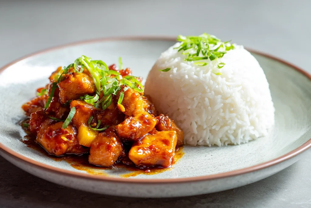 Plated Sweet and Spicy Honey Pepper Chicken served with jasmine rice