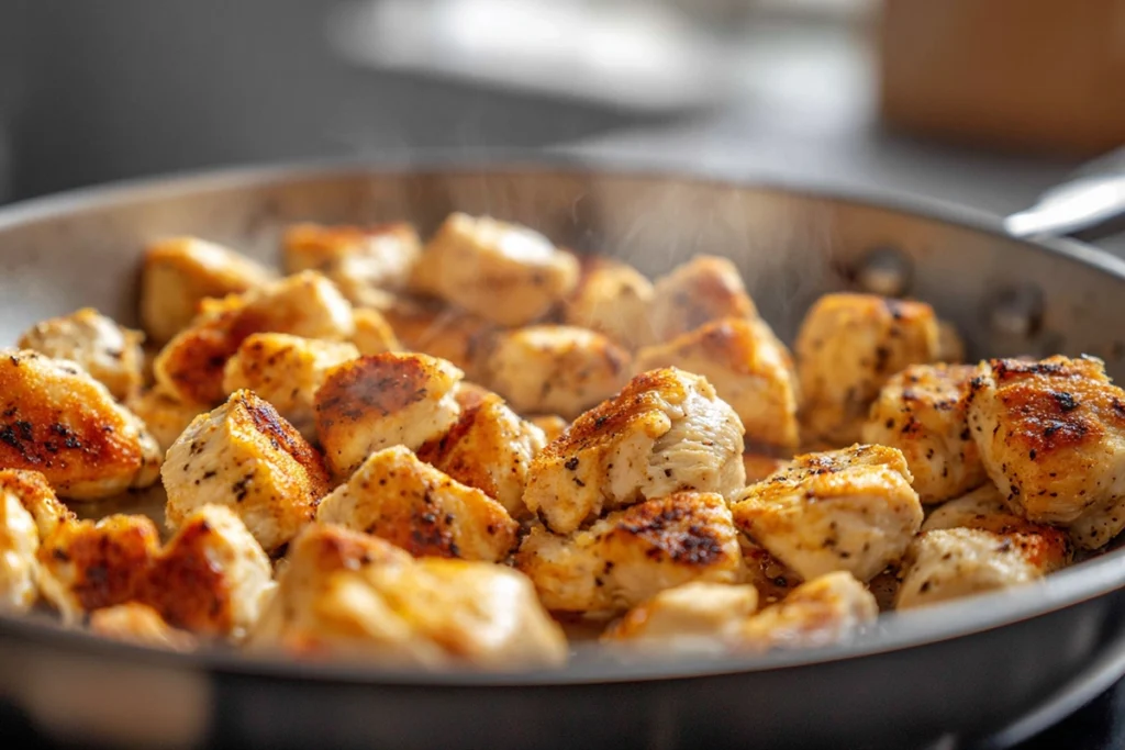 Chicken searing in skillet for Sweet and Spicy Honey Pepper Chicken