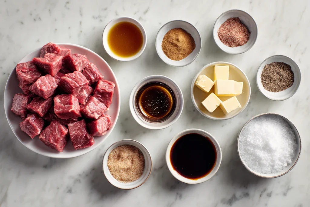 Ingredients for Sweet and Sticky Steak Bites including filet steak, BBQ sauce, brown sugar, butter, and dry rubs