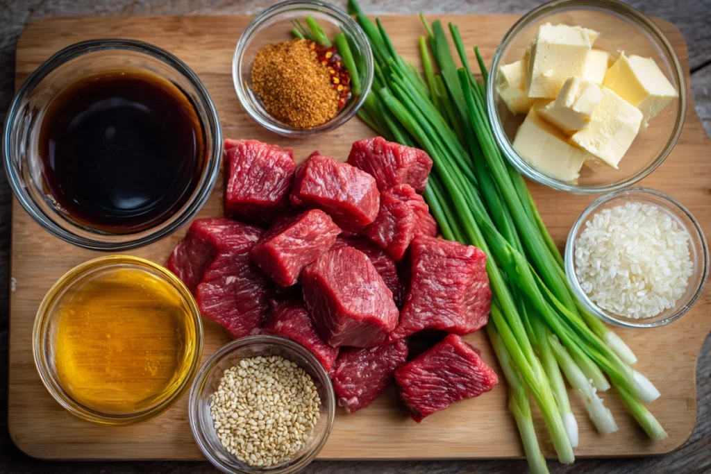 Overhead view of ingredients for Sweet and Sticky Steak Bites including beef, soy sauce, honey, garlic, and green onions