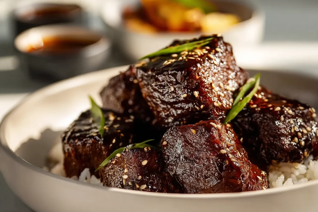 Sweet and Sticky Steak Bites served over jasmine rice with garnish and side dishes