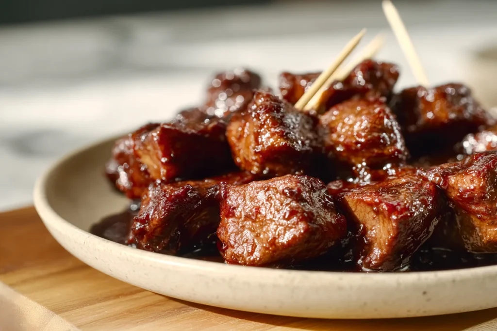 Sweet and Sticky Steak Bites served hot on a platter with a glossy BBQ glaze