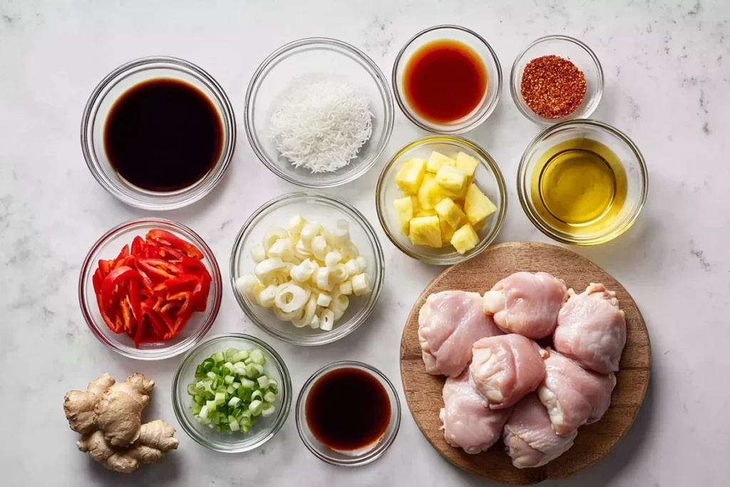 Overhead image of ingredients for Slow Cooker Sweet Chili Chicken arranged in bowls