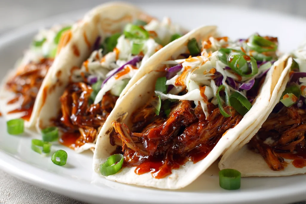 Slow Cooker Sweet Chili Chicken served in tortilla tacos with fresh toppings