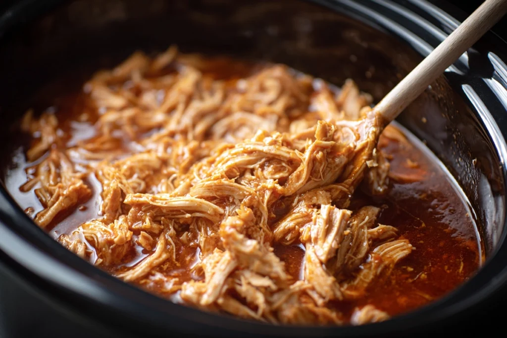 Close-up process shot of Slow Cooker Sweet Chili Chicken being mixed with thickened sauce