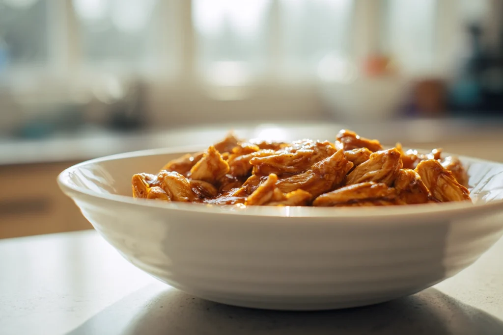 Saucy Slow Cooker Sweet Chili Chicken showing tender texture and glossy coating