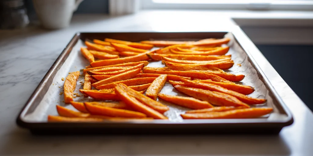 Sweet potato fries arranged on a baking sheet, ready to be baked in the oven.
