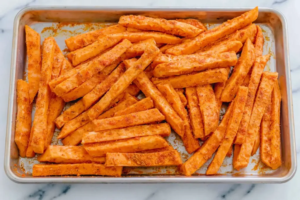 Oven Baked Sweet Potato Fries spread in a single layer on a baking sheet