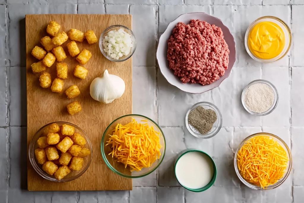 overhead photorealistic image of ingredients for tater tot casserole with ground beef