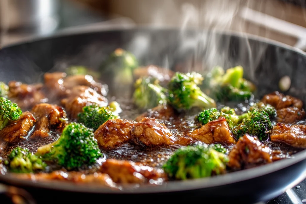 teriyaki sauce thickening on chicken and broccoli in skillet